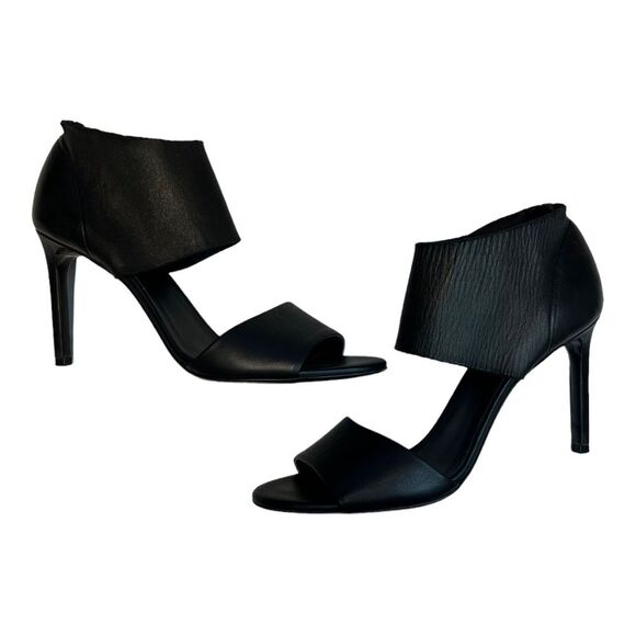 VINCE | Stephanie Black Leather Open Toe Heels 9 - Picture 2 of 6